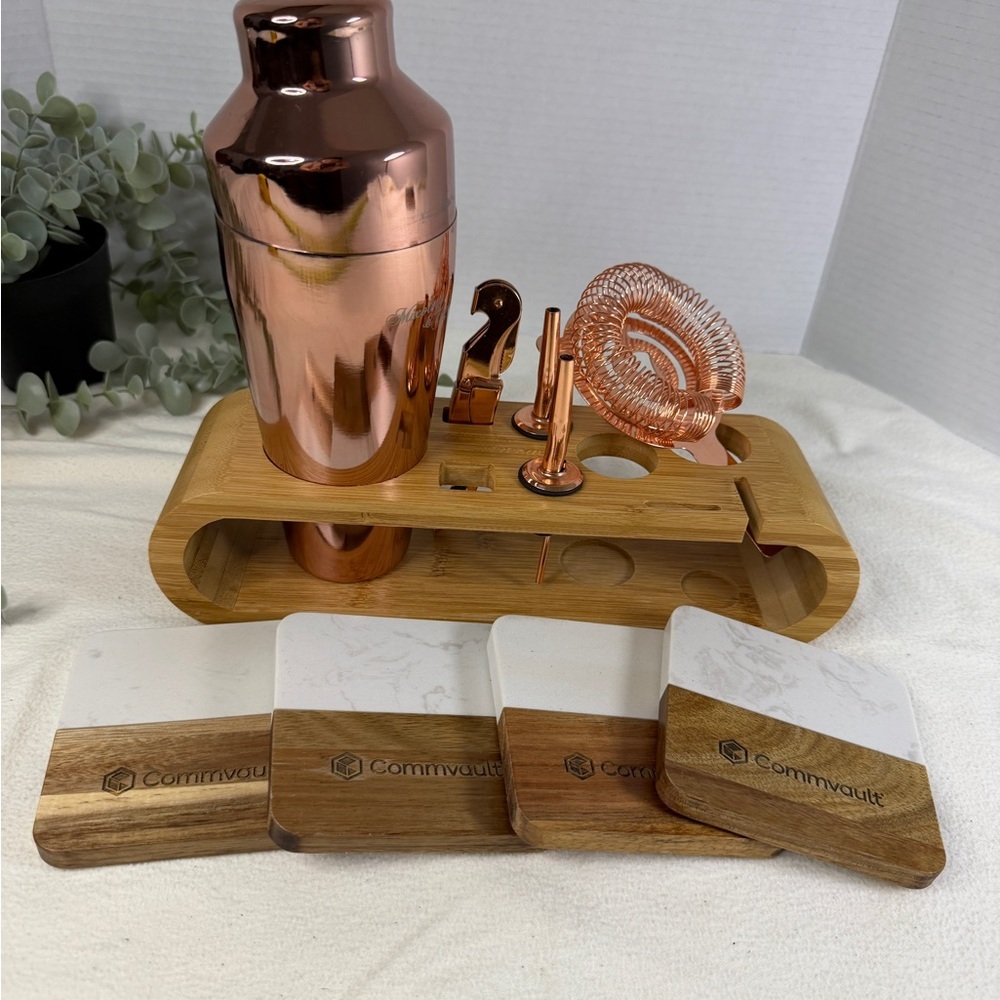 Rose Gold Cocktail Shaker Bar Set w/ Bamboo Stand, Strainer & 4 Coasters - Picture 4 of 10